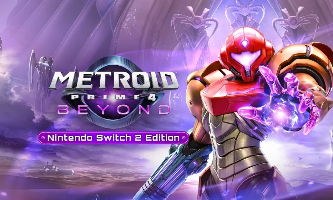 The key art for Metroid Prime 4: Beyond – Nintendo Switch 2 Edition, showing Samus Aran in her red and orange power suit, extending a glowing hand, set against a background of alien structures and purple energy.